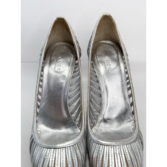 Gucci Silver Leather Heels Laser Cut Stripe Metallic Y2K Vintage Sz EU 36.5C 6.5 - Picture 6 of 10